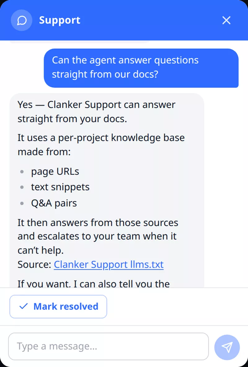 The Clanker Support widget answering a visitor question