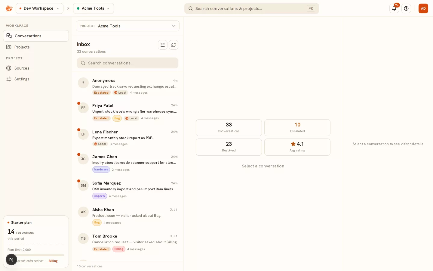 The Clanker Support team inbox listing AI and escalated conversations