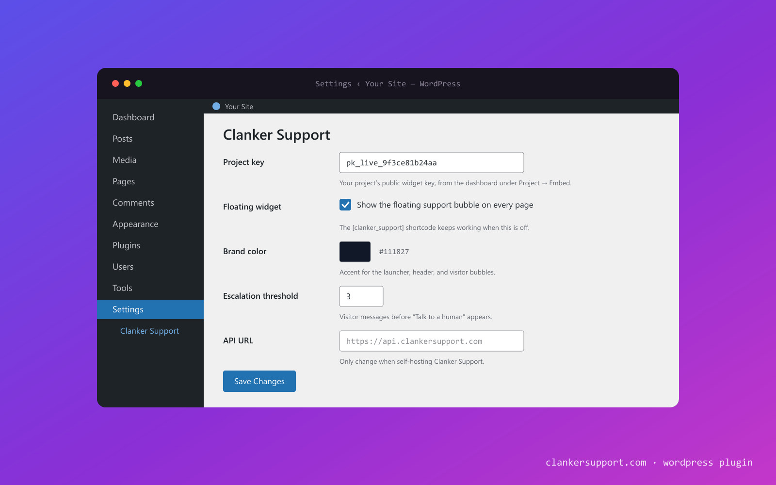 The Clanker Support settings page in wp-admin: project key, floating widget toggle, brand color, escalation threshold, and API URL